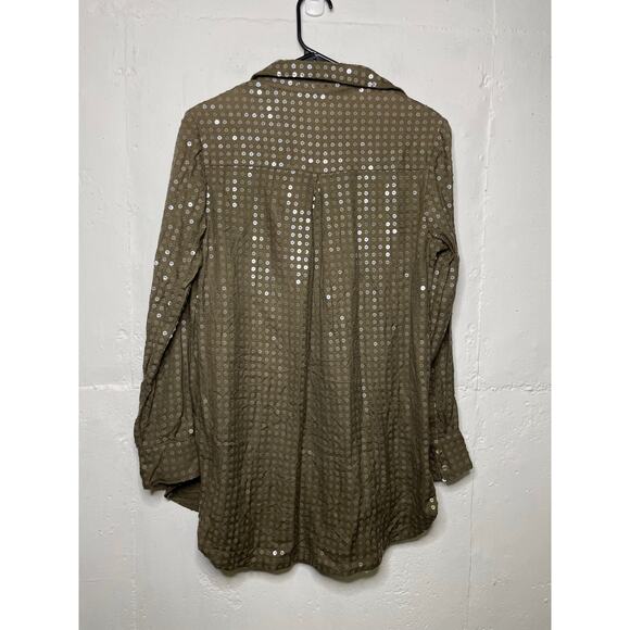 Anthropologie Maeve Sequin Button Down Shirt Size Small Olive Green Long Sleeve - Picture 6 of 10